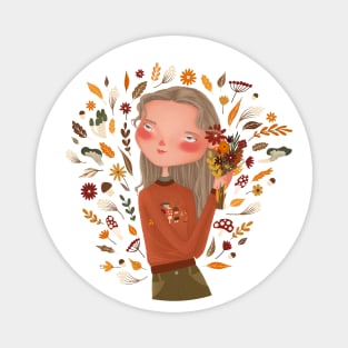 Beautiful fall girl with autumn flowers and orange leaves Magnet